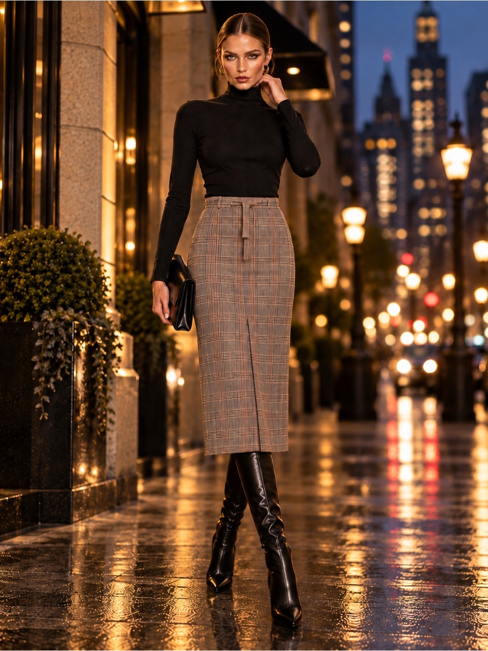 Esprit Collection Plaid Midi Pencil Skirt Belted Brown Fall Career Size US 7